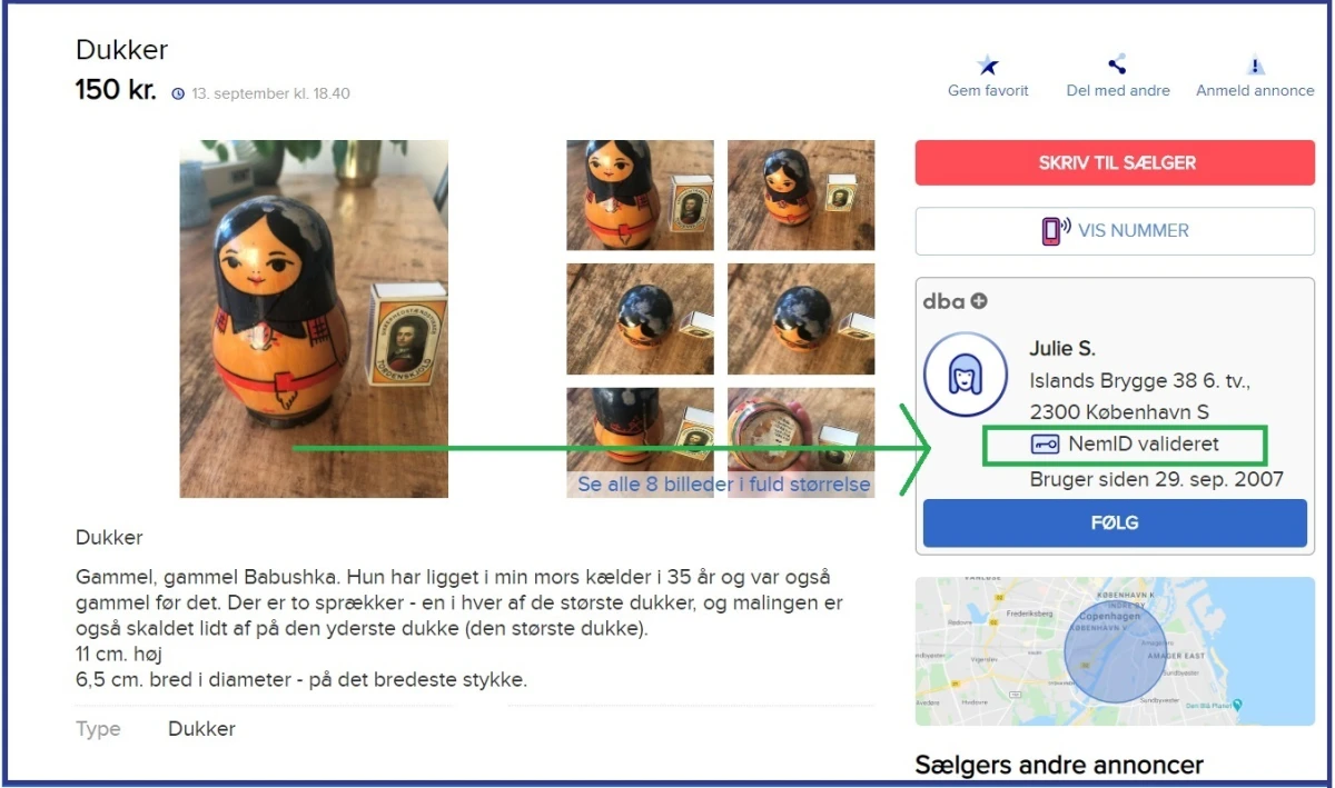 Går du ind på en annonce på DBA, vil du altid i sælgers felt til højre for annoncen kunne se, om sælger er NemID-valideret eller ej