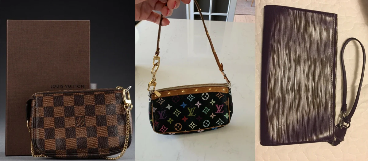 Second hand-pochetterne spår Marlene får et comeback. Her ses en Mini pochette Damier Ebene uden slid som Nola fra Valby sælger for 1.500 kroner. I midten en Multi color monogram pochette, inklusiv en ægte nøglering fra Louis Vuitton også, som Vicky fra Rungsted sælger. Nypris i 2003 var 2.800 kroner, nu sælger hun for 2.200 kroner. Eller du kan købe Mariannes blommefarvede pochette clutch i epi læder. Farven var kun til salg i kort tid og er udgået nu. Hun skal have 2.000 kroner for den