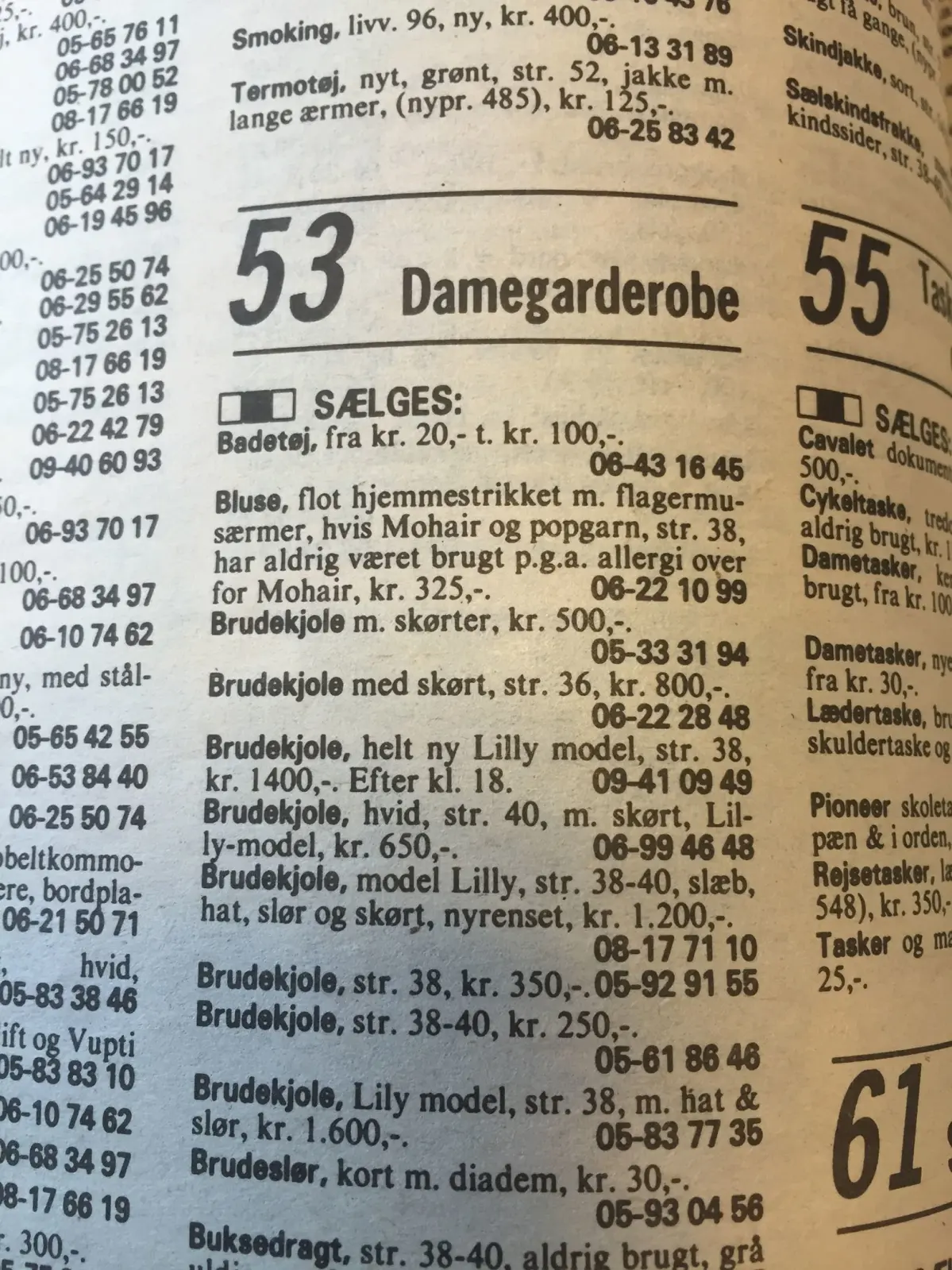 Sådan så siderne ud i Den Blå Avis den gang i 1980’erne. Her er det brudekjoler- og tilbehør, der sælges under "Damegarderobe".