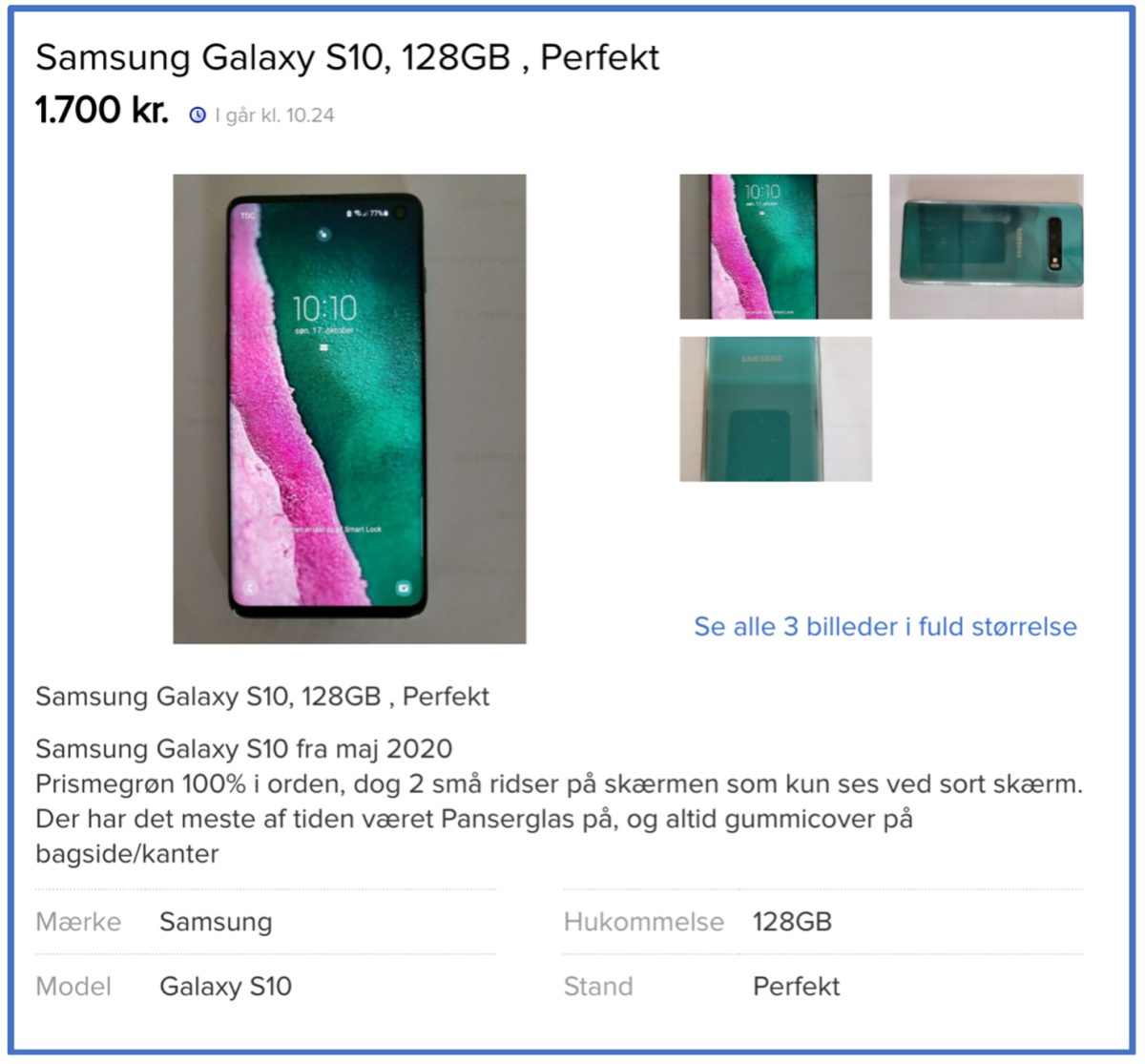 På billedet ses den billigste Samsung Galaxy S10 til salg på DBA, der er vurderet til at være i standen ’Perfekt’. Billedet er taget, da artiklen blev skrevet, derfor er den måske ikke til at finde længere.