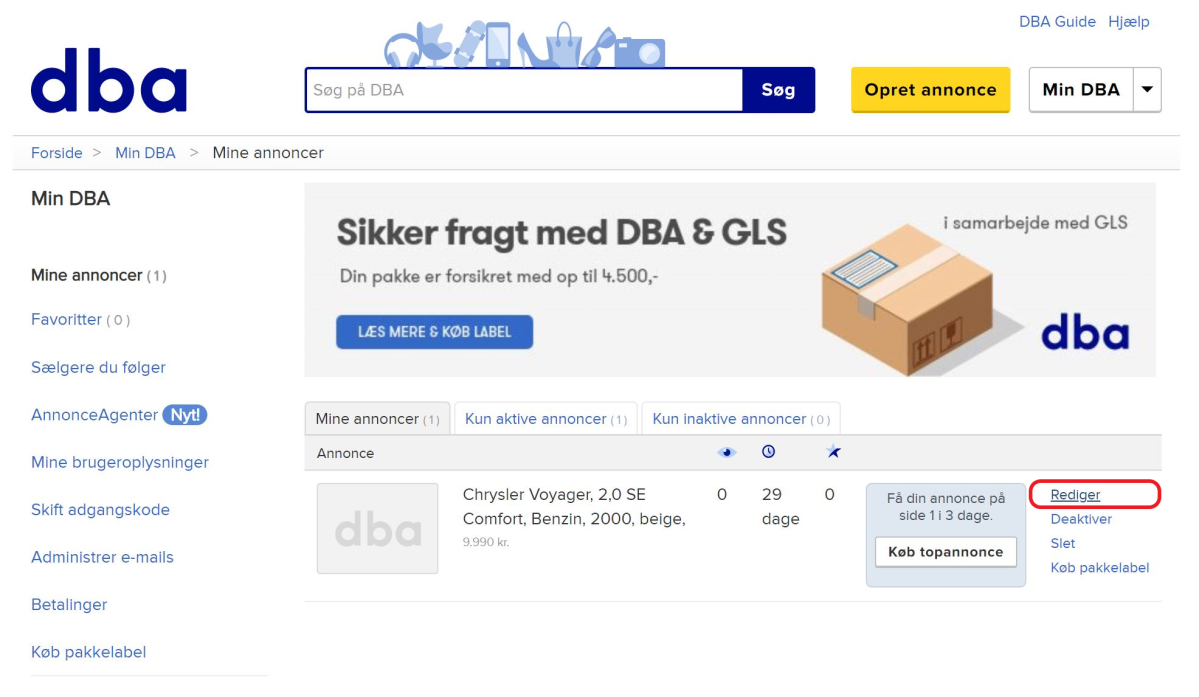 Det er på denne side, du får et overblik over dine annoncer på DBA.