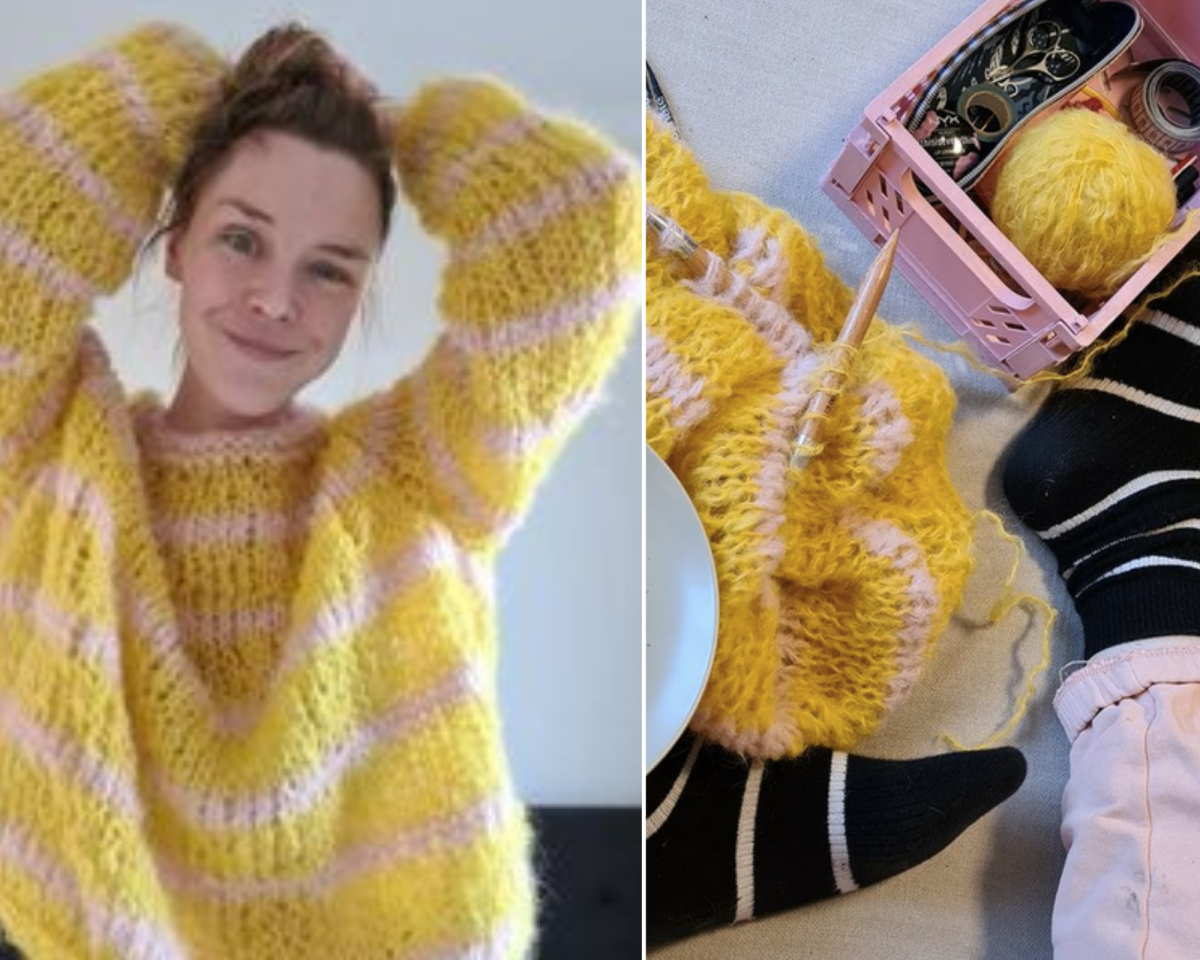 Freja havde ikke selv i tankerne, at hun skulle strikke en solgul sweater, men det vendte garnresterne fra hendes mormor op og ned på.