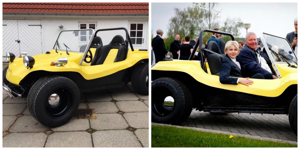 Johnny Lauritzen har flere gamle, unikke biler i garagen. Eksempelvis denne Beach Buggy fra 1965 i samme solgule farve som VW cabrioleten