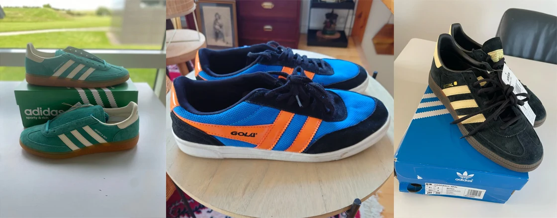 Magnus M. fra Hornslyd sælger et par grønne Adidas Handball Spezial X Sporty and rich til 1495 kroner. Rohan O. fra Ballerup sælger et par retro Gola sneakers til 85 kroner. Kathrine L. fra Kongens Lyngby sælger et par sorte Adidas Handball Spezial sneakers i ruskind til 600 kroner.