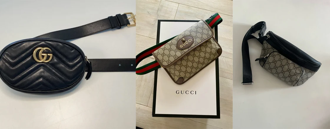 Louise fra Højbjerg sælger denne smukke sorte Gucci bæltetaske til 3500 kroner. Kim  i Søborg og Lone i Vedbæk sælger Gucci bæltetasker i det klassiske logoprint fra 500 kroner. 