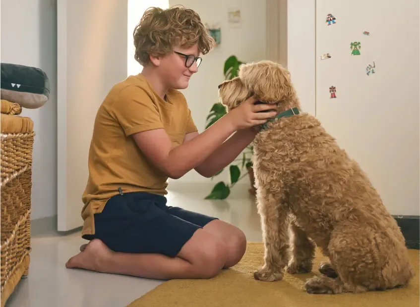 Un enfant accroupi devant son chien