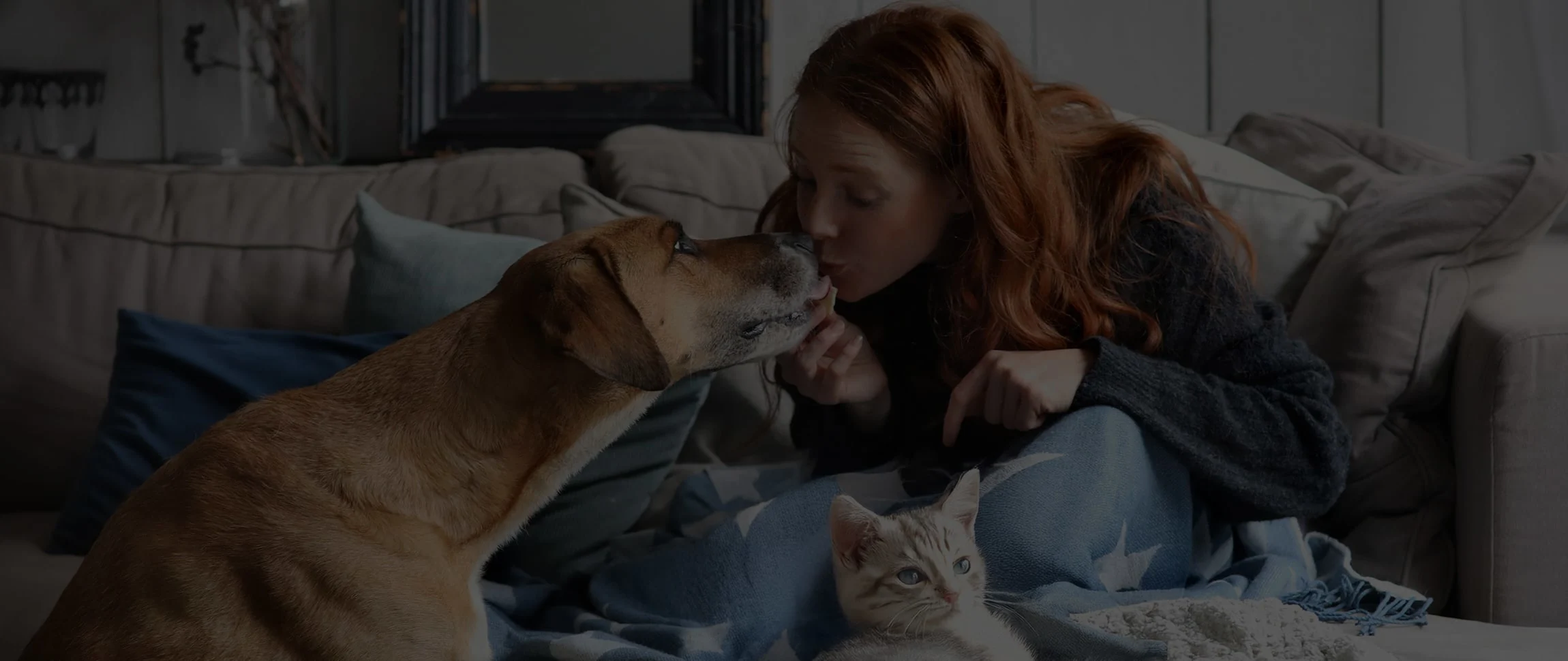 femme avec chien et chat dans un moment complice
