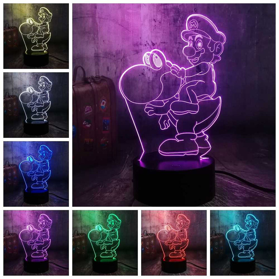 Lámpara Mario Bros y Yoshi. Con Luz Led y Siete Colores