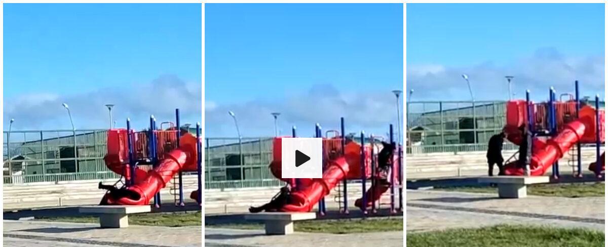 El chascarro del presidente Boric en Punta Arenas: quedó atorado en tobogán de niños