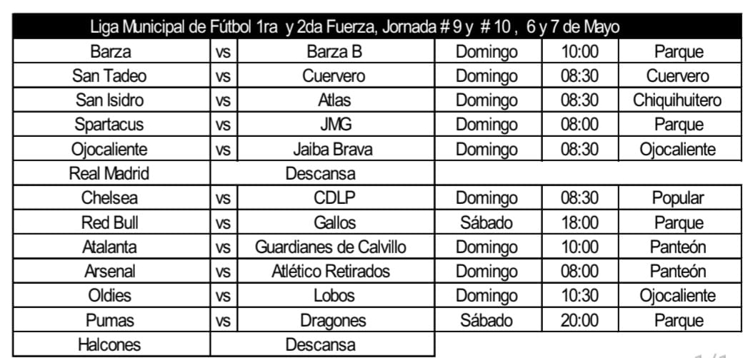 ROL DE JUEGOS Y ESTADISTICAS DE EL FUTBOL LOCAL.