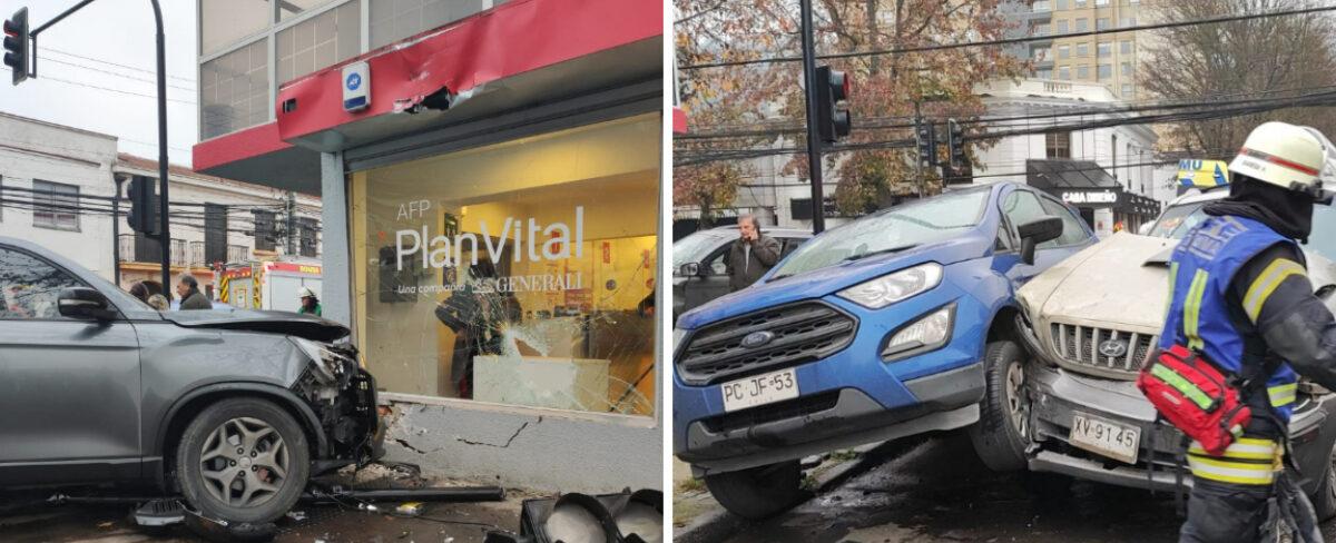 Colisión múltiple deja un lesionado y camioneta incrustada en AFP en pleno centro de Concepción