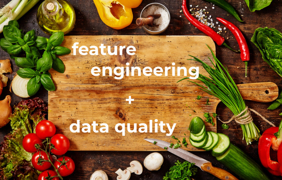 Photo of a cutting board surrounded by various foods and small kitchen tools with "feature engineering + data quality" superimposed on it.