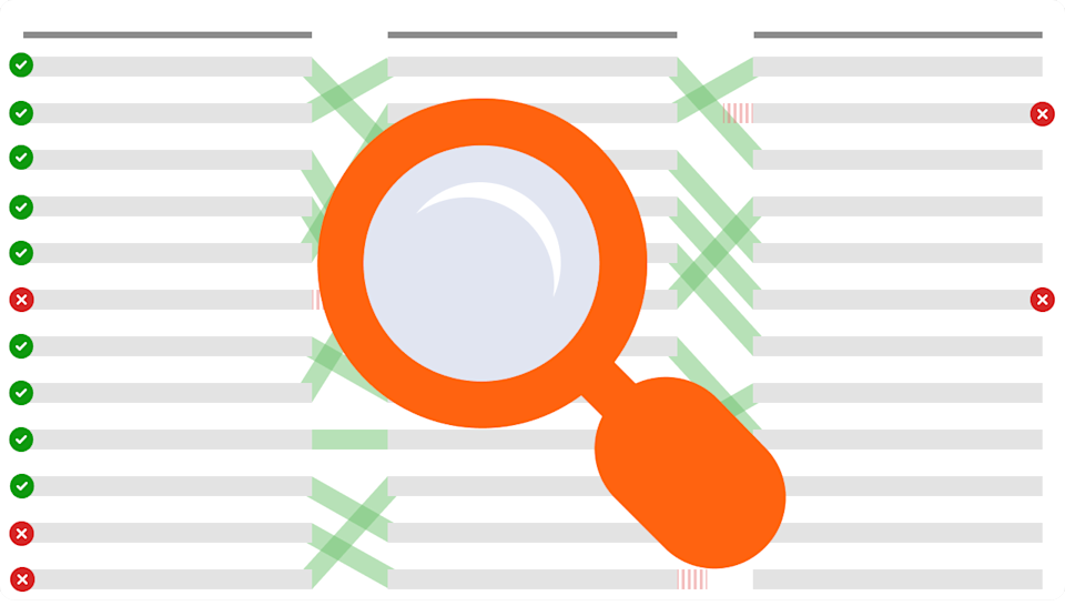 Illustration of data integrity validation featuring a magnifying glass over two columns of data with green checkmarks for correct entries and red X marks for errors, highlighting data consistency and accuracy issues.