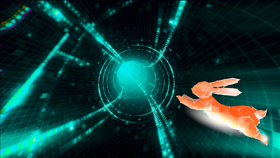 An orange rabbit stylized with polygons leaps toward the center of a digital tunnel, which is black with blue grid/highlight elements