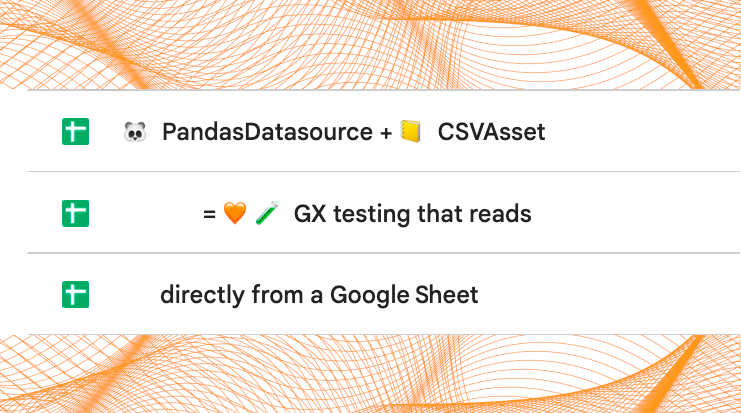 the text "🐼 PandasDatasource + 📒 CSVAsset = 🧡🧪 GX testing that reads directly from a Google Sheet" displayed as a series of Google Sheet titles, with decorative orange lines above and below it