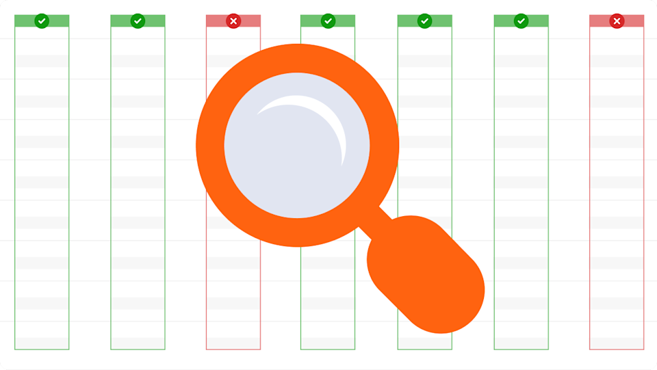 a stylized data table with some columns marked with a green checkmark and others with a red x, with an orange magnifying glass superimposed on it