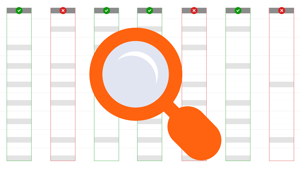 A stylized data table with some fields missing and an orange magnifying glass superimposed