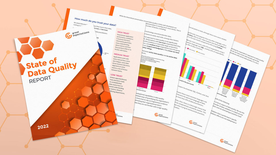 A graphic of the cover and several interior pages from GX's State of Data Quality 2022 report