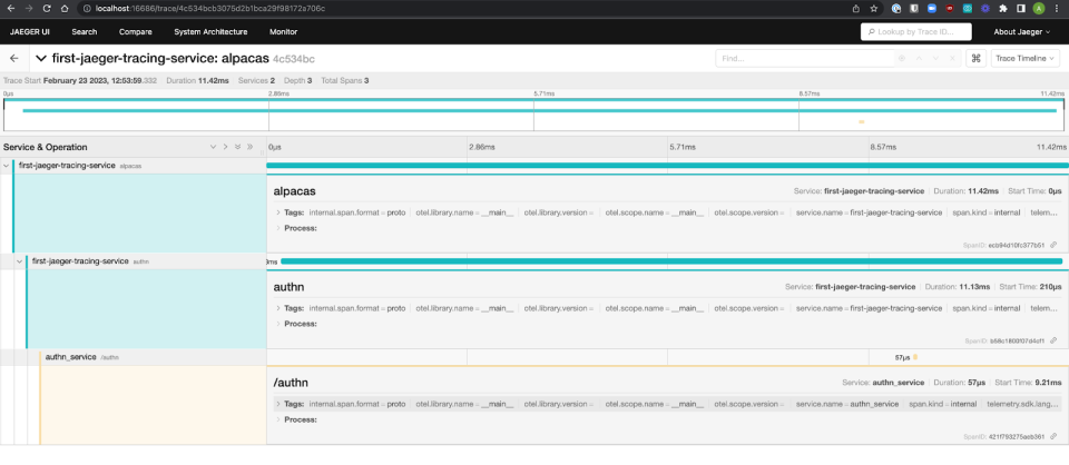 Screenshot of first multi-service trace
