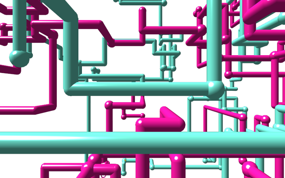A complex tangle of teal and magenta pipes on a white background, based on the classic Windows screensaver