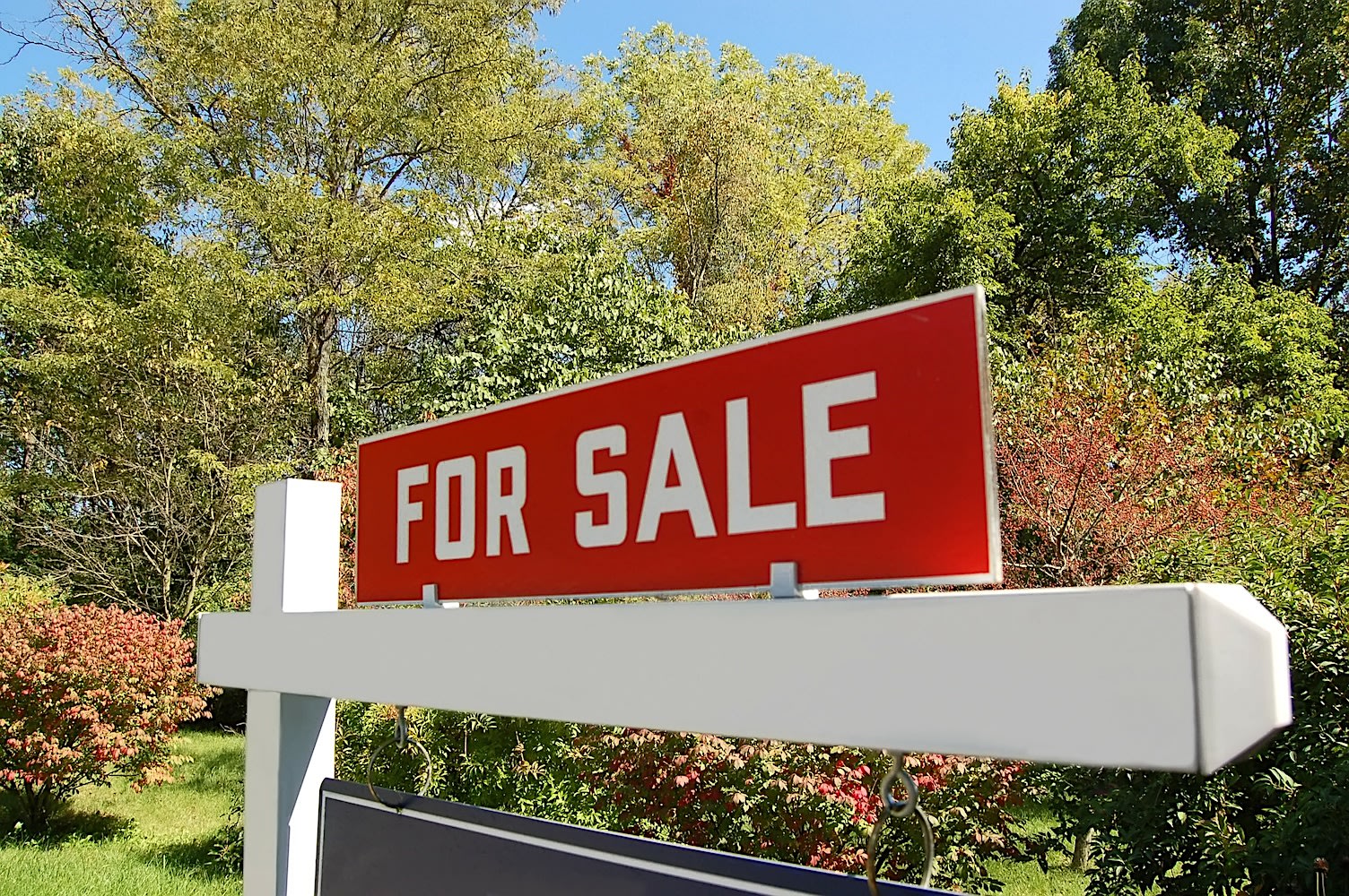 A "for sale" sign of the kind used in real estate with trees in the background