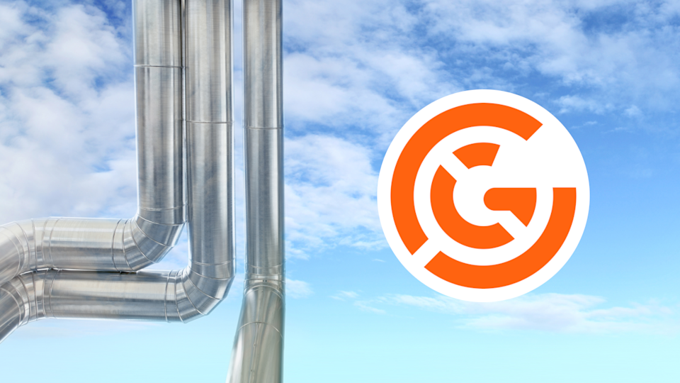 the GX logo next to an image of silver pipes against a blue sky