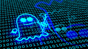A dark background with light blue binary code on it, with an image of a mischievous-looking ghost holding a stick superimposed on it