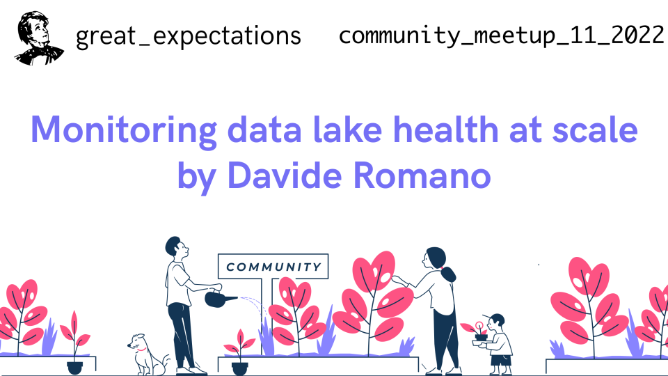 Great Expectations community roundup November 2022 "Monitoring data lake health at scale by Davide Romano" cover card