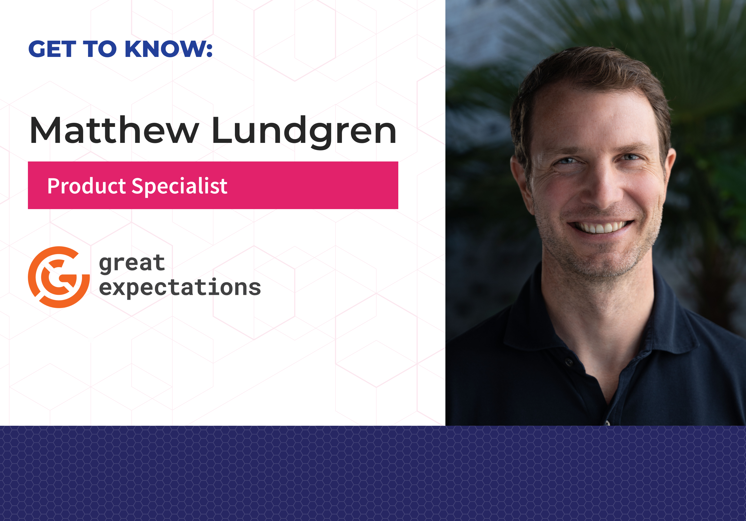 Get-to-know card with Matthew Lundgren's headshot, title, and the GX logo