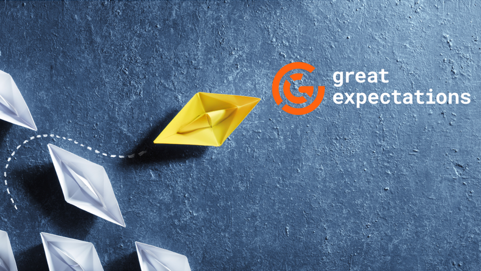 A blue background with white paper boats moving together. A yellow paper boat diverges on a dotted path. The "Great Expectations" logo, with bold text and an orange icon, is in the top right corner, symbolizing innovation and leadership.