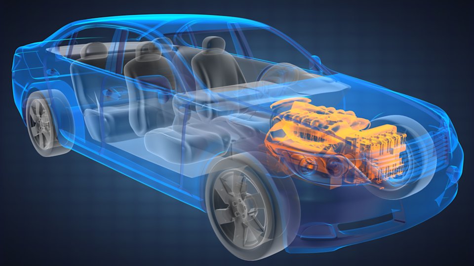 a 3D illustration of a car schematic with the engine tinted orange and there rest of the car tinted blue or black