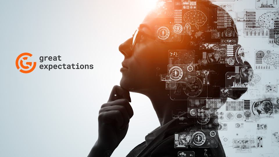 A thoughtful woman in profile wearing glasses, illuminated by an orange glow, with futuristic digital AI and data interface graphics overlaying her head. The “Great Expectations” logo is displayed on the left.