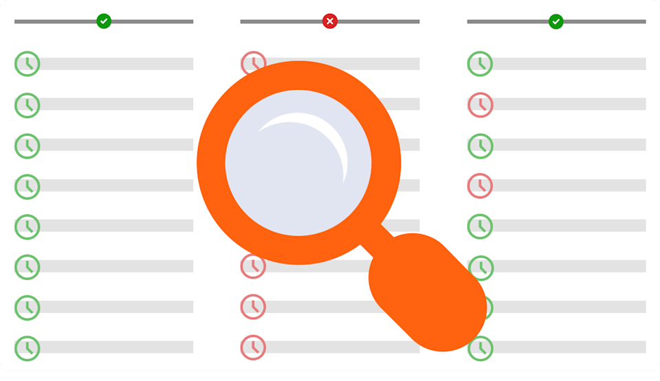 A magnifying glass icon highlights a data table with green and red clock symbols, representing fresh and stale data. The table has three sections, with two marked as valid (green checkmarks) and one as invalid (red X).