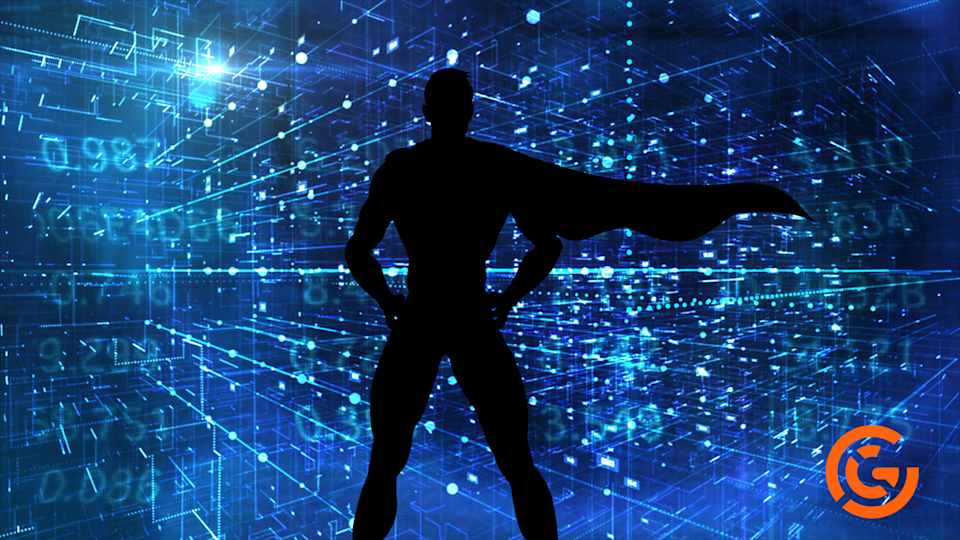 Silhouette of a superhero figure standing confidently in front of a glowing digital data grid, symbolizing leadership and control in a complex data environment. GX logo in the bottom right corner.