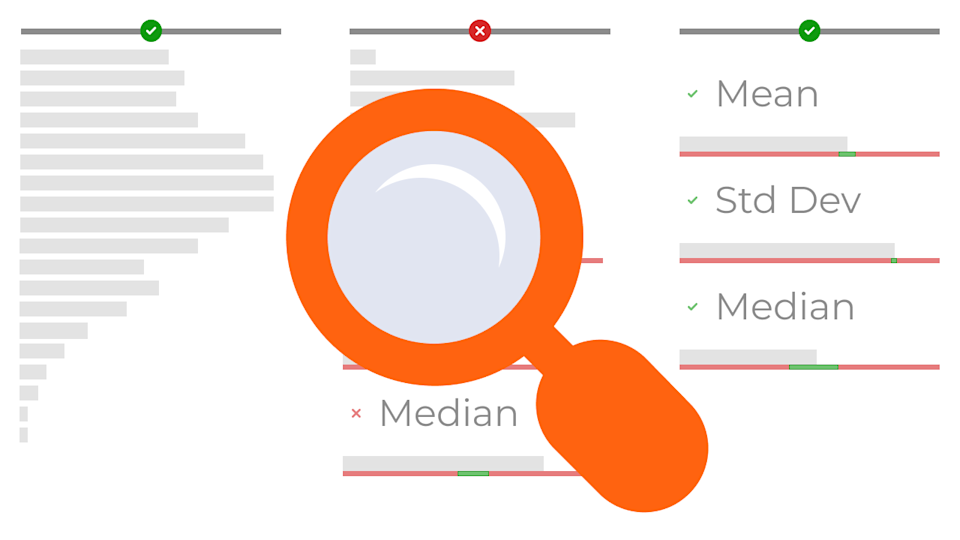 an orange magnifying glass superimposed on graphical representations of measuring data distribution