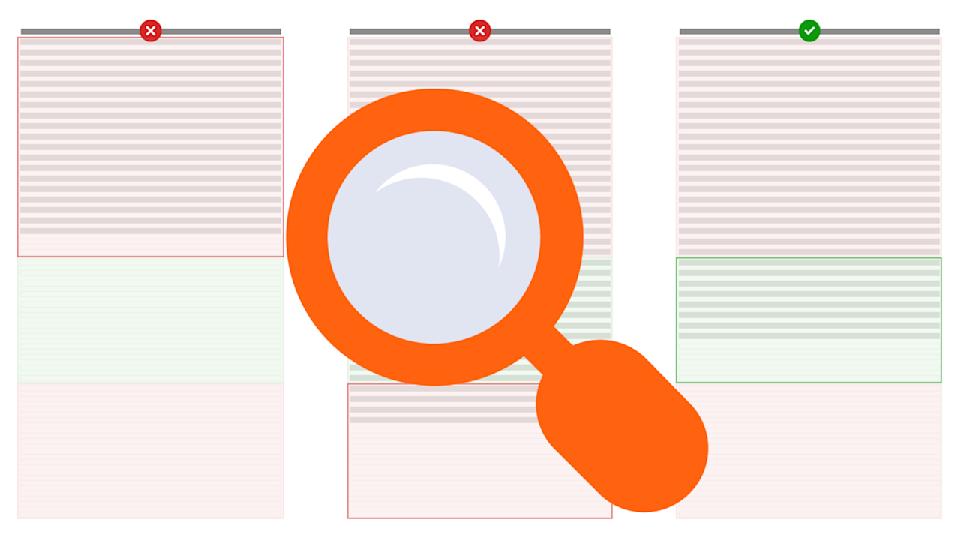 a graphical representation of three datasets with an orange magnifying glass superimposed on them. the leftmost dataset has too few rows, the middle one has too many rows, and the rightmost one has an acceptable number of rows