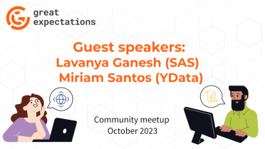 October 2023 event cover with title 'Guest speakers: Lavanya Ganesh (SAS) and Miriam Santos (YData)' and two cartoon people looking engaged/thoughtful