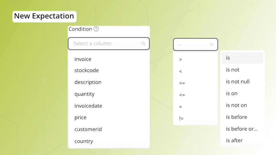 Screenshots of the Expectation condition configuration menu options on a gradient background