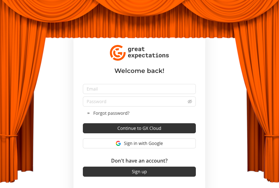 GX Cloud's login screen framed by orange stage curtains
