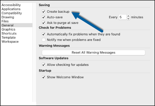 Image of General tab of Preferences with arrow pointing to Create backup