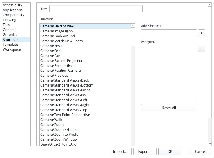 An image of the Shortcuts panel of Preferences.