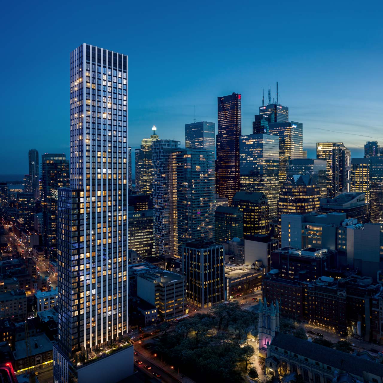 Aerial view of the Queen Church Condo Building