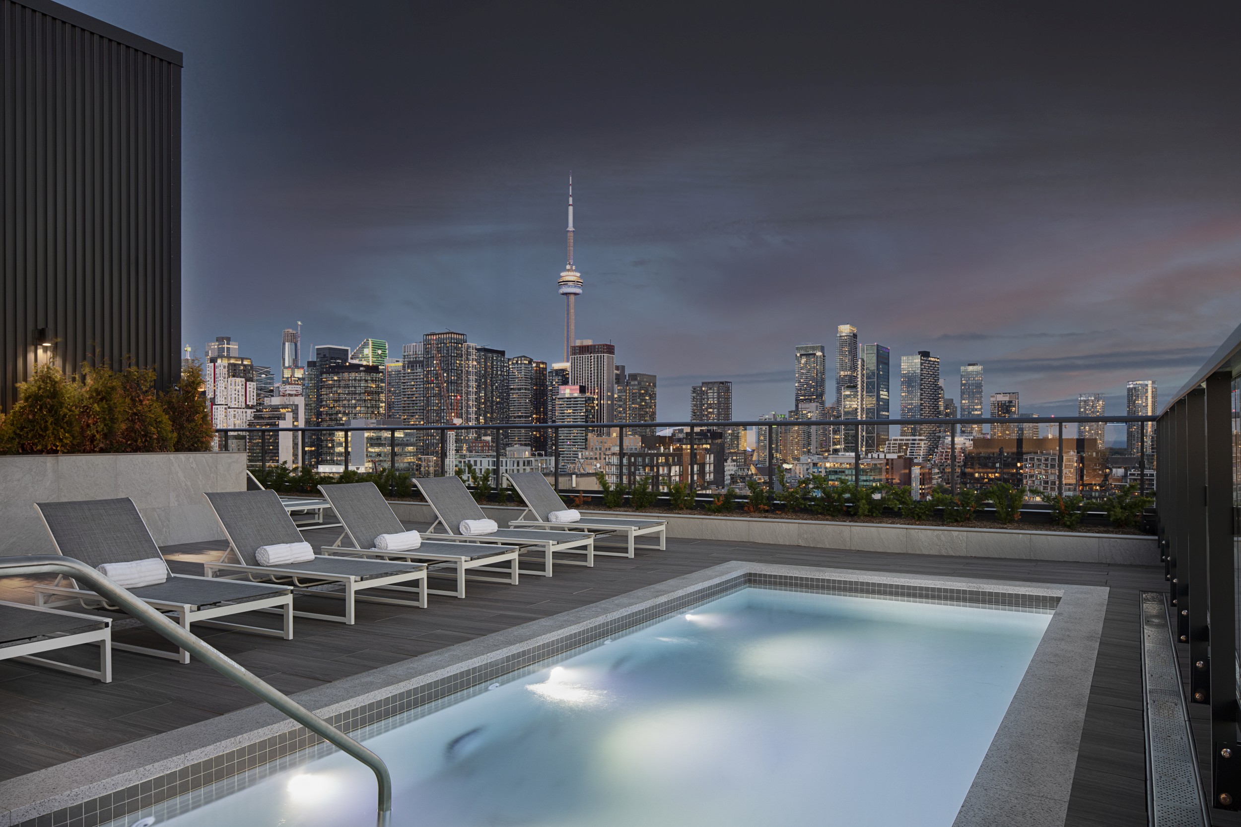 MRKT Amenities Rooftop Pool at Dusk