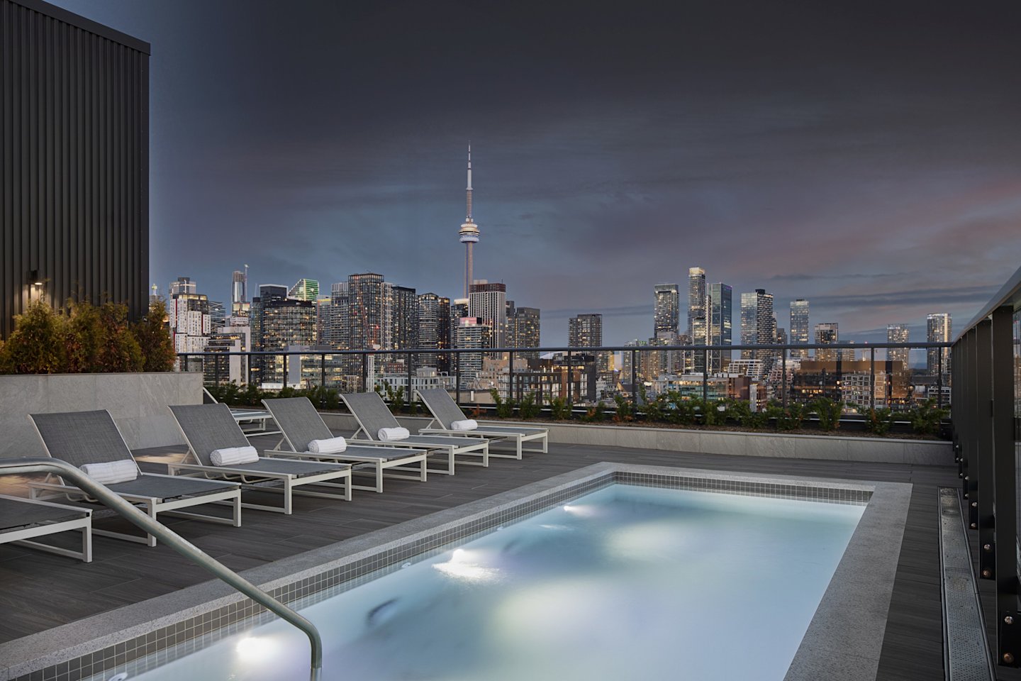 MRKT Amenities Rooftop Pool at Dusk