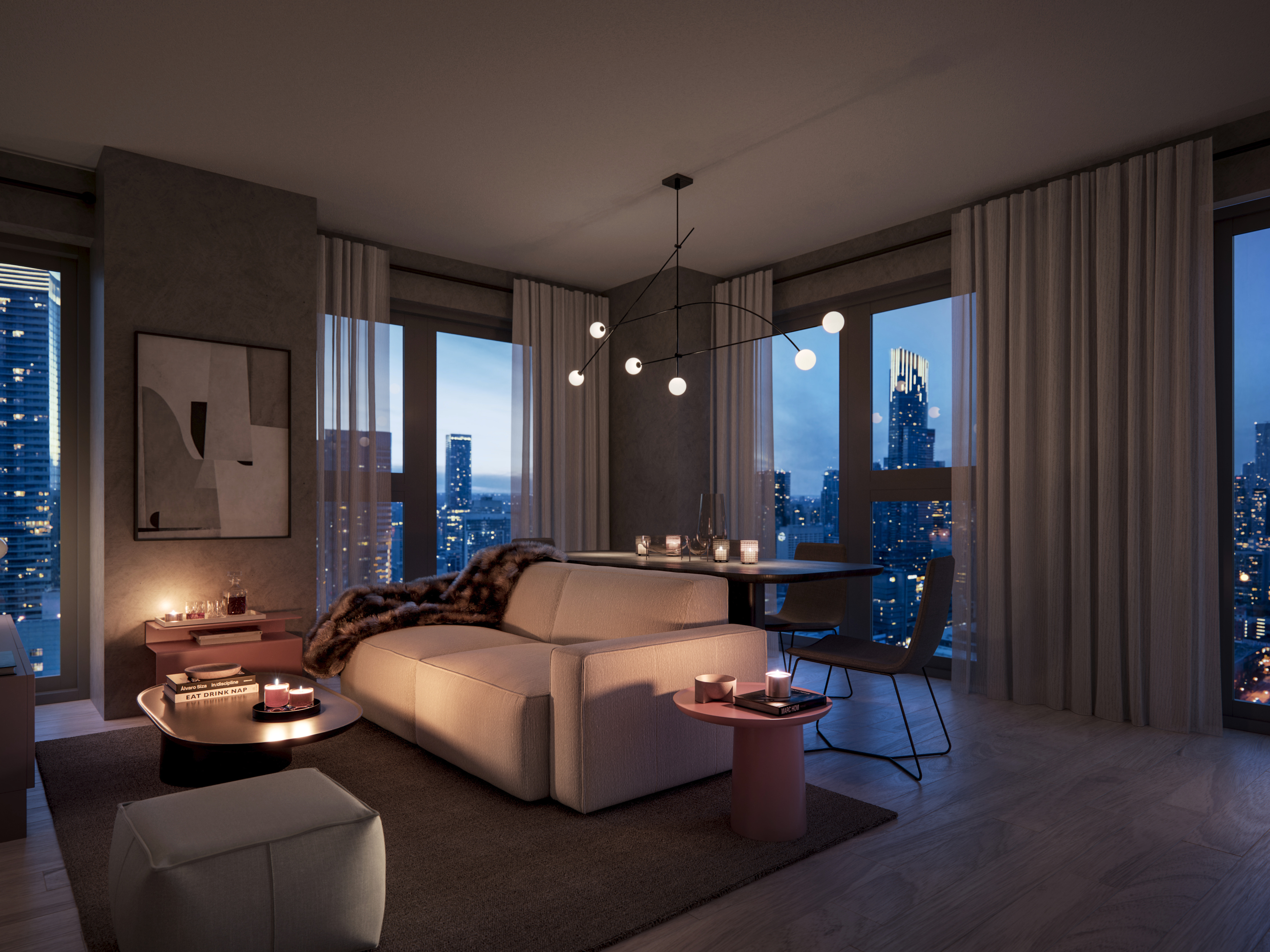 Queen Church Model Suite Rendering (Living Room at Night Time)