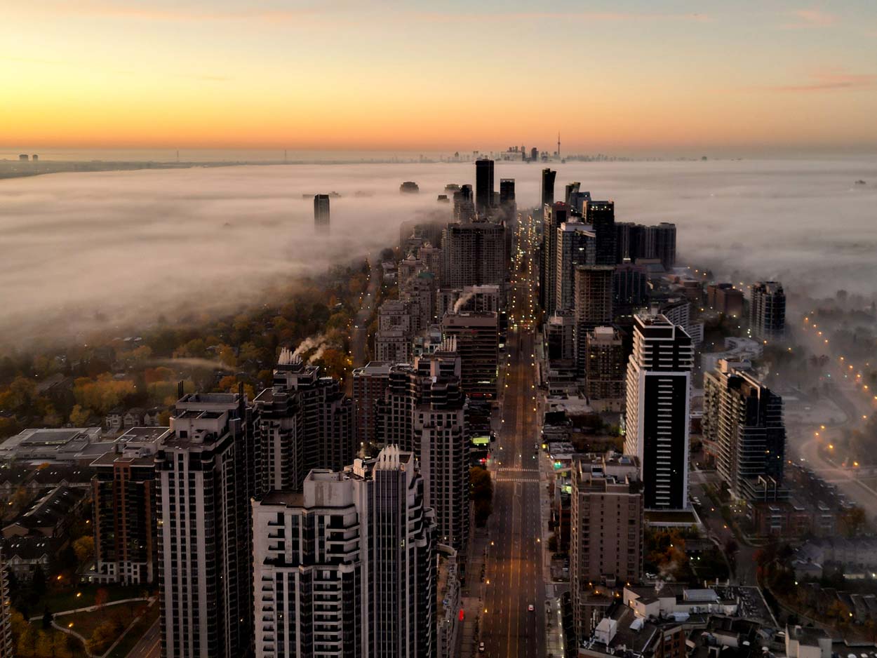 Aerial Photo of Yonge Street on a Foggy Day