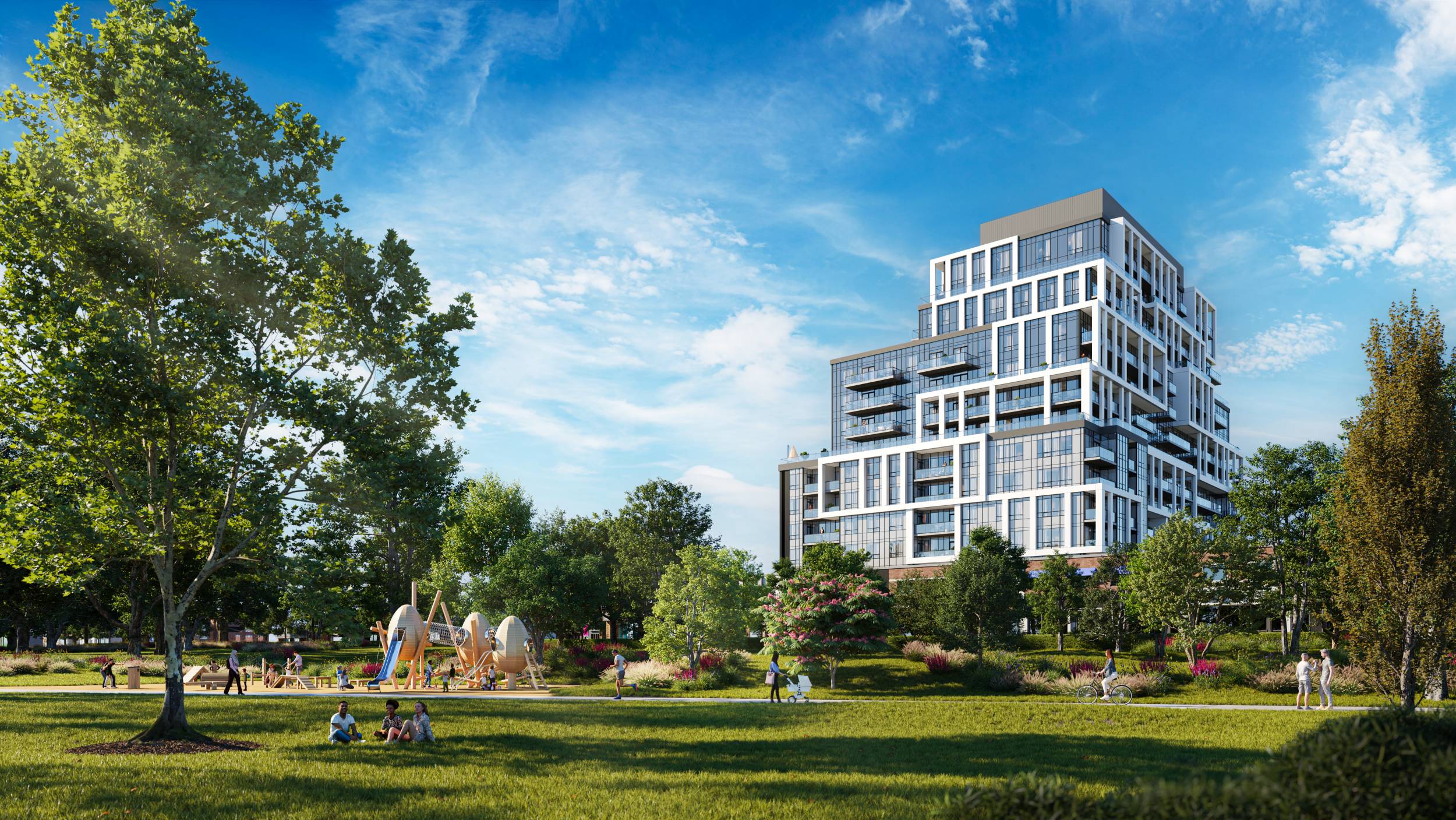 Exterior rendering view of 6080 Yonge condominiums from a nearby park