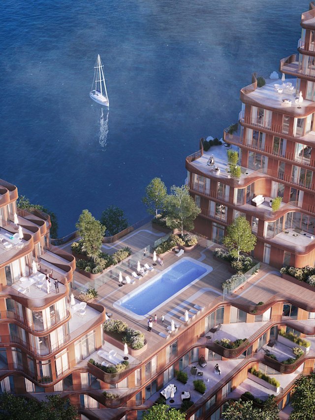 Visual rendering of an aerial view of the Aqualuna rooftop pool