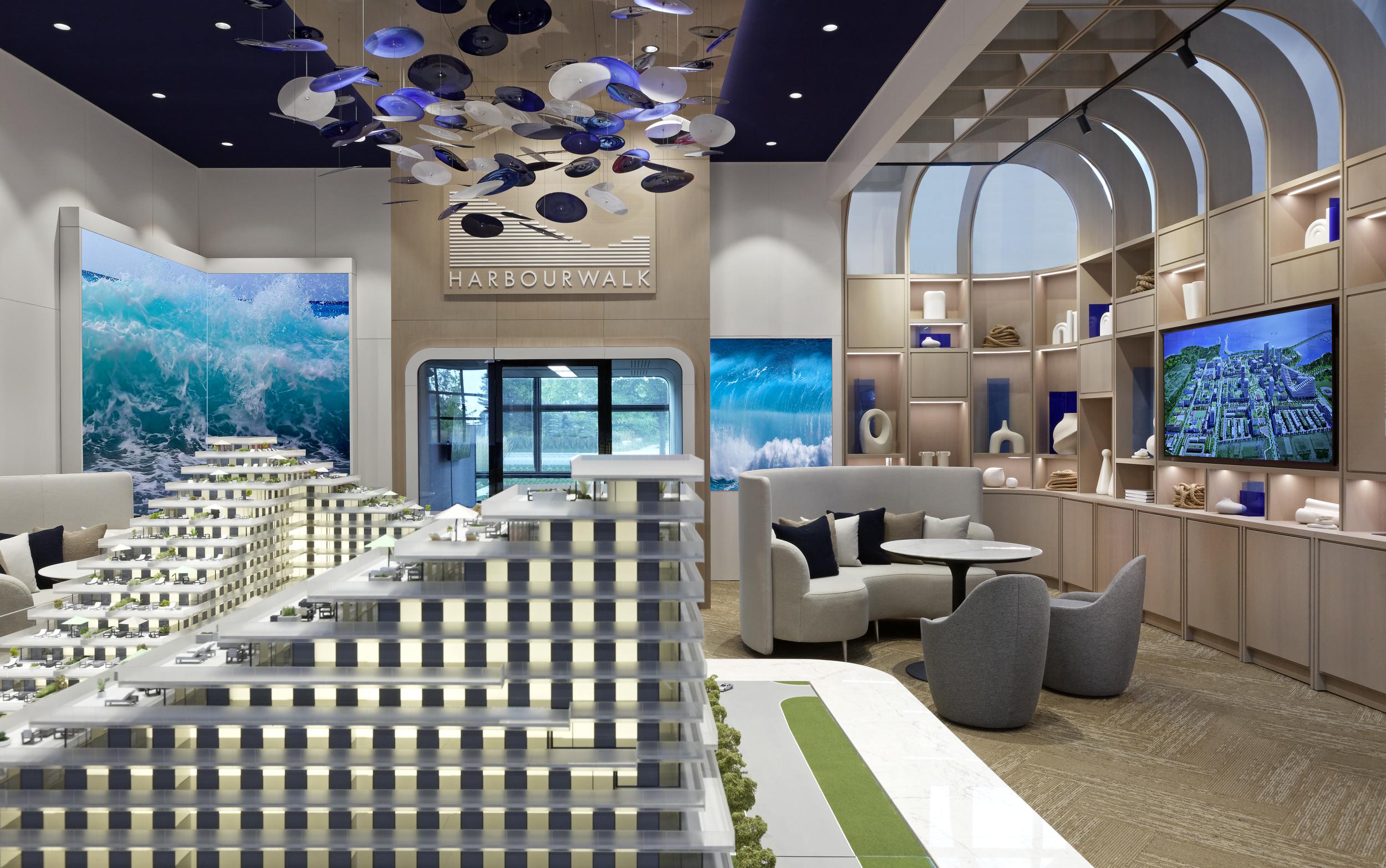 Inside Lakeview's Discovery Centre with view of the Harbourwalk scale model