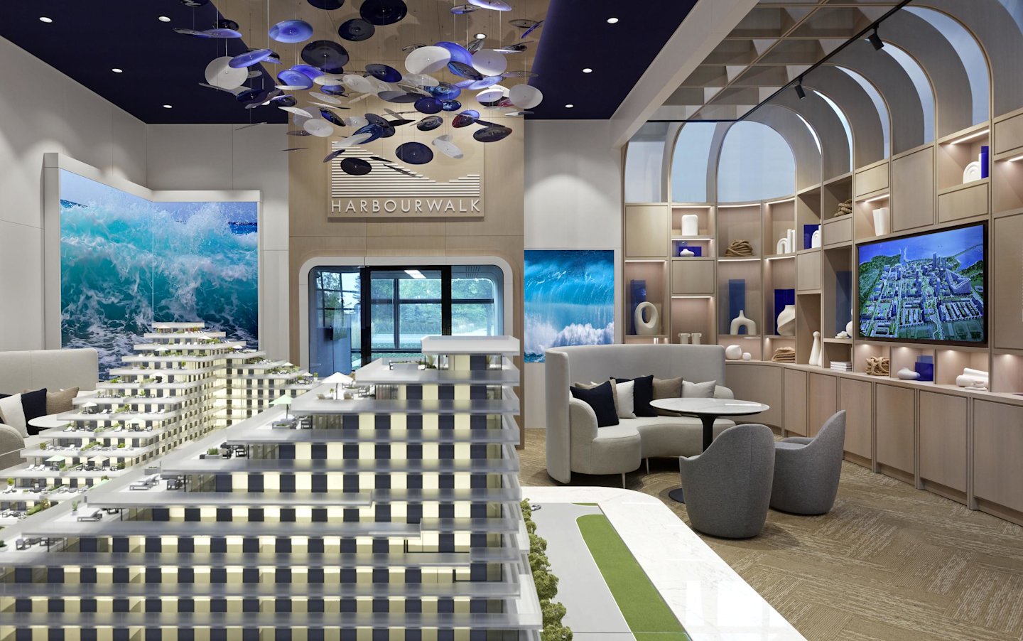 Inside Lakeview's Discovery Centre with view of the Harbourwalk scale model